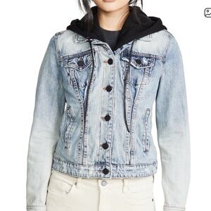 Blank NYC Light Blue Denim Jacket with Black Hood